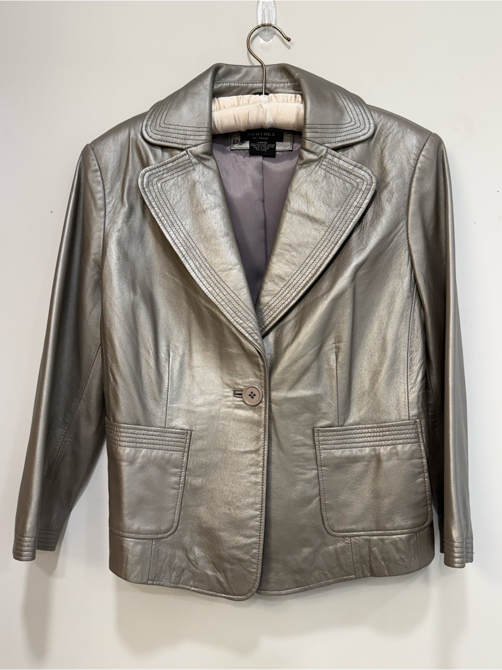90s Revue Metallic Silver Lambs Leather Blazer Jacket - Women's Large